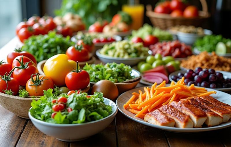 Beautifully arranged healthy food spread